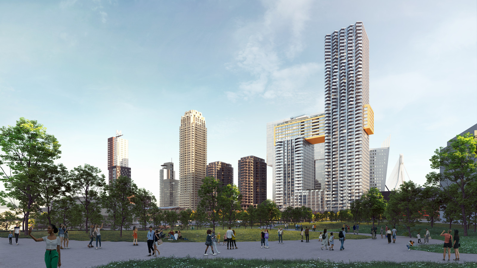 Het laatste ontwerp van De Sax, de gevel is minder speels maar de 'gouden balk' is behouden. Het zicht is vanuit het toekomstige park in de Rijnhaven.