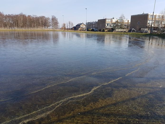 Een eerste laagje ijs ligt op de landijsbaan van Nieuwkoop.