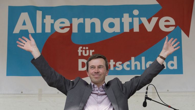 Partijleider Bernd Lucke van Alternatief voor Duitsland. De partij haalt volgens de eerste prognoses één zetel binnen en mag voor het eerst haar intrek nemen in het Europees Parlement. Beeld afp