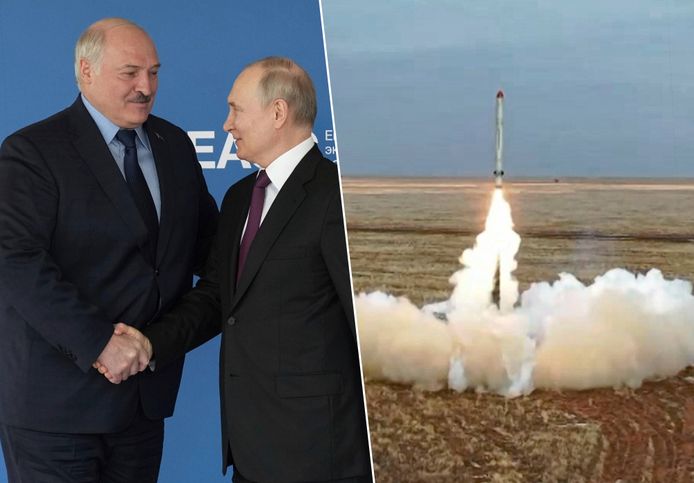 President Aleksandr Loekasjenko van Wit-Rusland en zijn Russische ambtgenoot Vladimir Poetin.  Rechts, de lancering van een Iskanderraket, die uitgerust kan worden met een kernkop.