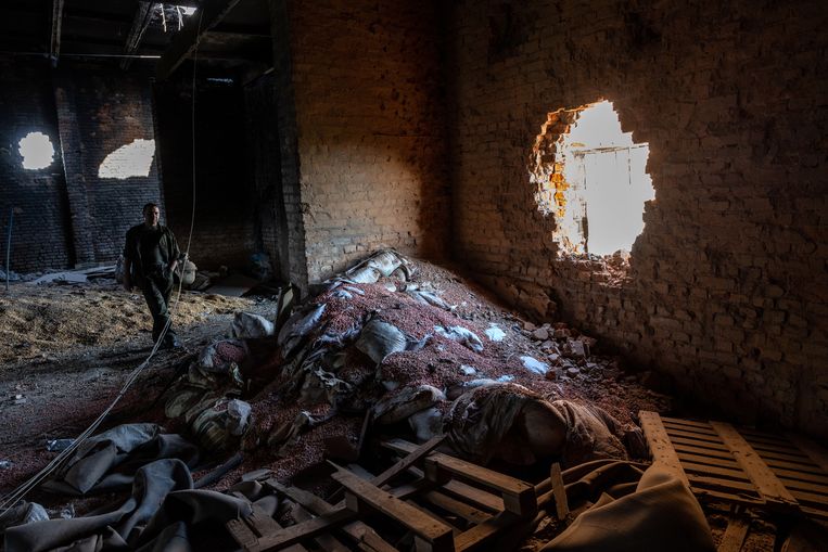 Een graanopslag in Oekraïne, vernietigd door Russische tanks. Beeld Getty Images