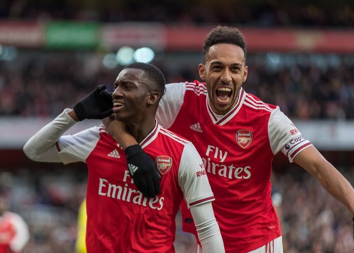 Eddie Nkietah en Pierre-Emerick Aubameyang, de doelpuntenmakers bij Arsenal.