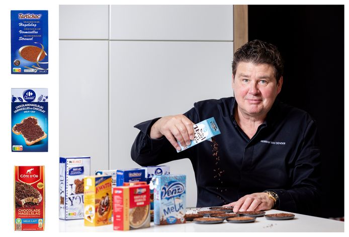 Chocolatier Herman Van Dender proeft negen soorten hagelslag uit de supermarkt.