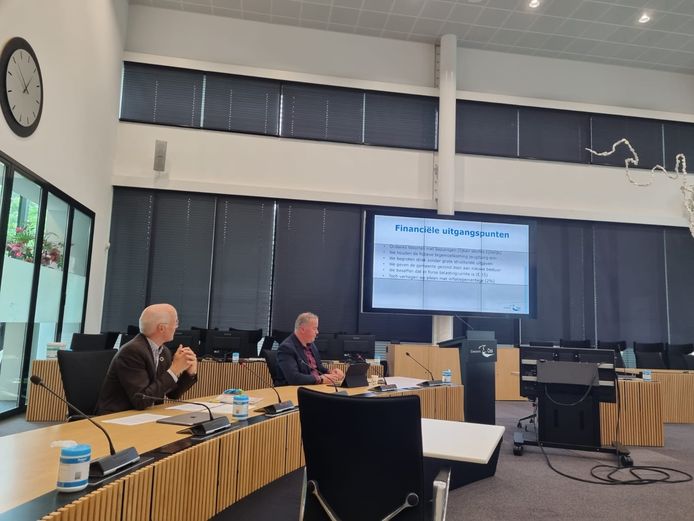 Gemeentesecretaris Henk Mensink (l) en wethouder Frank den Brok presenteren de kadernota.