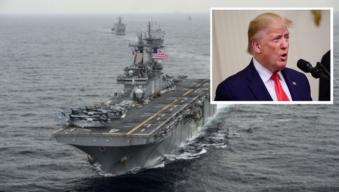De Iraanse drone zou het Amerikaanse amfibie-aanvalsschip USS Boxer hebben benaderd op een afstand van minder dan een kilometer. Inzet: VS-president Donald Trump.