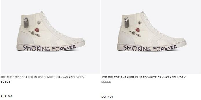 Links de sneakers voor vrouwen die € 795 kost, rechts die voor mannen met een prijskaartje van € 695.