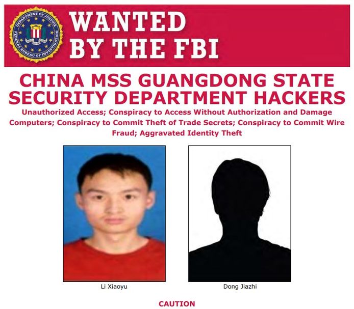 Het opsporingsbericht voor Chinese hackers Li Xiaoyu en Dong Jiazhi.