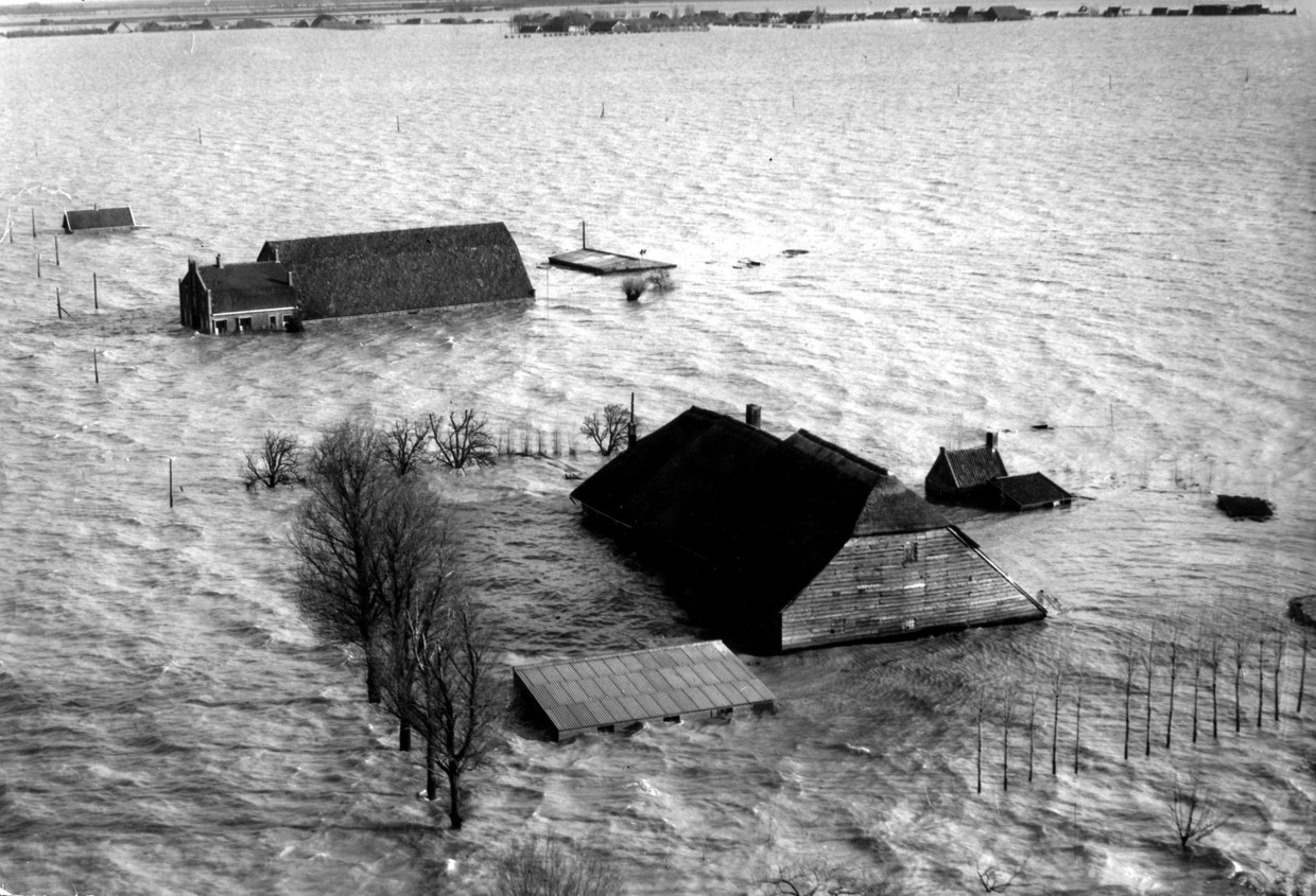 Luchtopname van overstroomde boerderijen in de Hoeksche Waard, Zuid-Holland, begin februari 1953. Beeld Hollandse Hoogte / Spaarnestad Photo