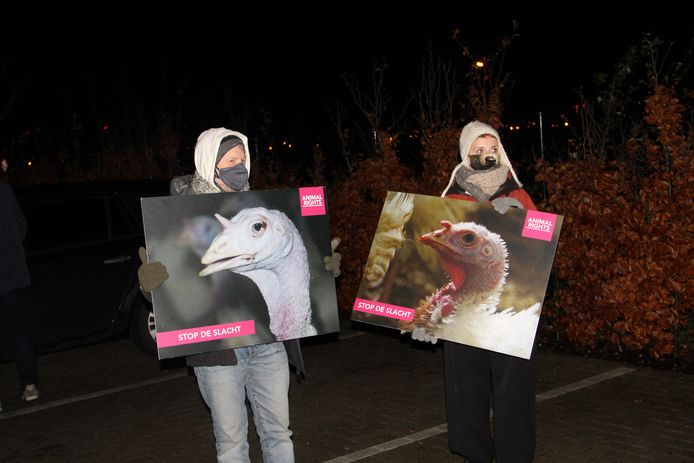 Animal Rights hield een wake voor kerstkalkoenen aan het vleesverwerkend bedrijf Volys in Lendelede.