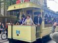 Historische trams rijden door Gent ter ere van de 150ste verjaardag van de tram in Gent.