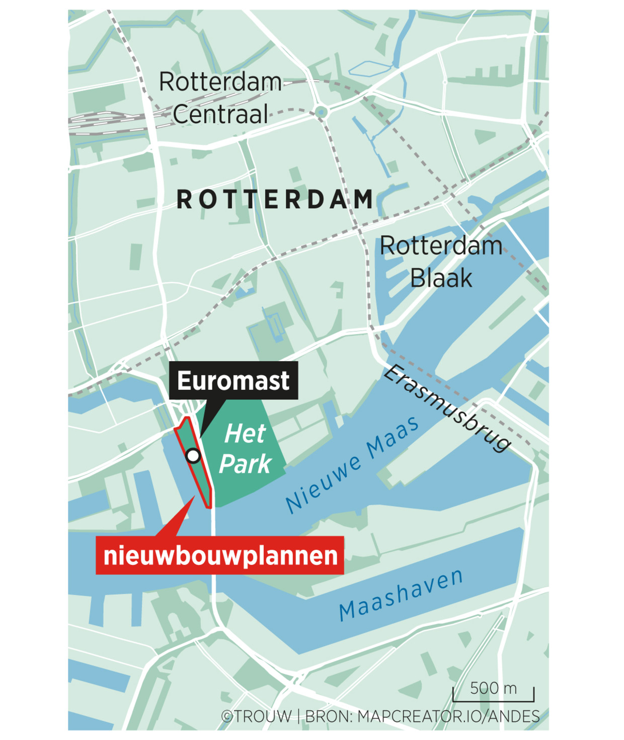 Het beoogde gebied voor nieuwbouw bij de Rotterdamse Euromast. Beeld Sander Soewargana