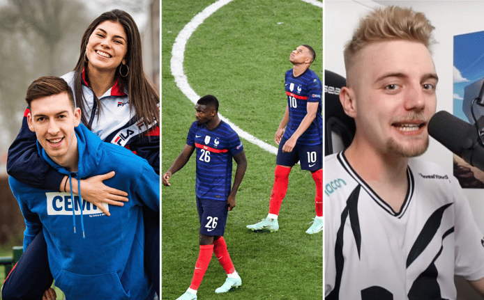 Fotomontage: YouTubers Celine en Michiel, Marcus Thuram en Kylian Mbappé van het Franse voetbalelftal na de match tegen Zwitserland op het EK 2020 en YouTuber Kastiop.