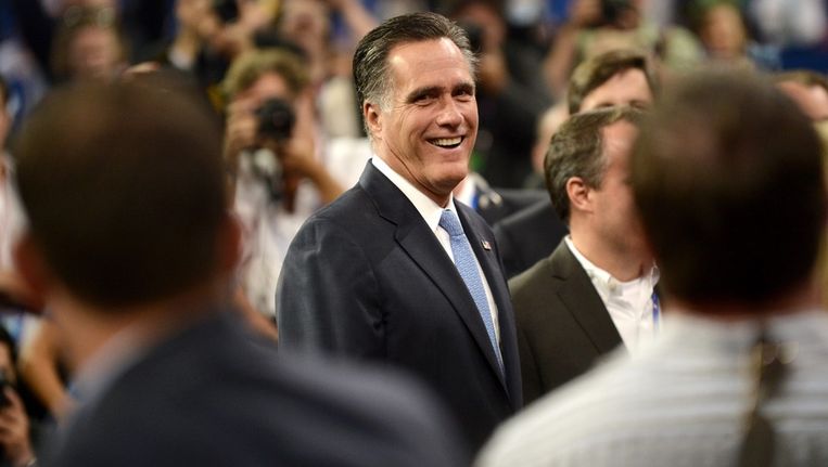 Mitt Romney arriveert op de laatste dag van de Republikeinse Conventie. Beeld epa