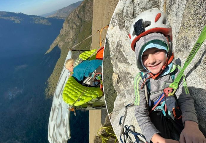 Sam Baker (8) tijdens zijn beklimming van El Capitan in Yosemite National Park (Californië).