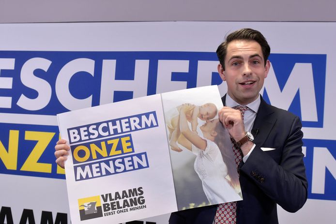 Vlaams Belang-voorzitter Tom Van Grieken bij de lancering van de nieuwe campagne vandaag.