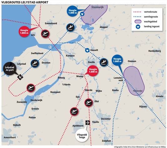 De vliegroutes van Lelystad Airport zoals die nu voorliggen, waartegen vanmiddag 60.000 handtekeningen worden aangeboden.