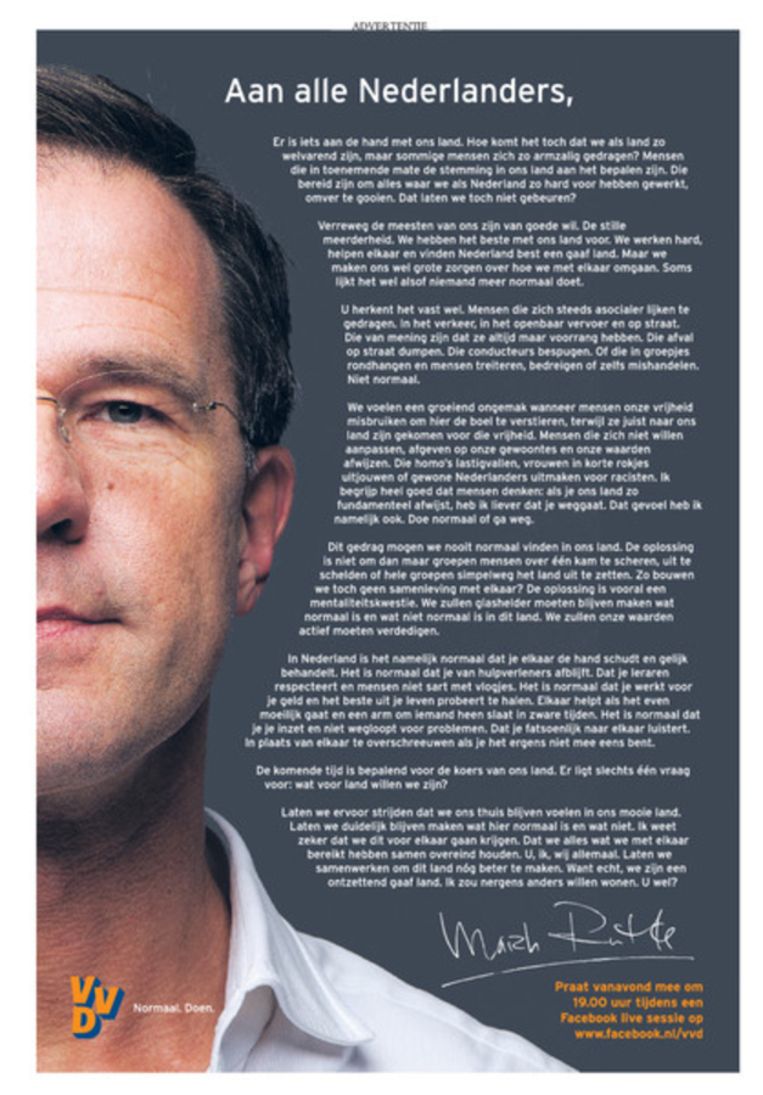 De brief van premier Rutte, zoals die vandaag als advertentie verscheen in alle landelijke Nederlandse kranten. Beeld rv