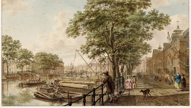 De Amstel in 1795 door Jacob Cats, met rechts het Oude vrouwen- en mannenhuis, nu de Hermitage. ­ Beeld Stadsarchief