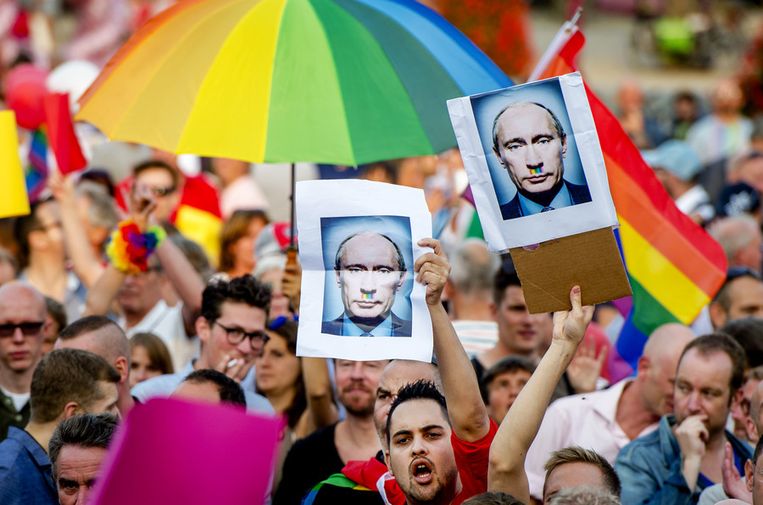 Protest in Amsterdam tegen het anti-gay beleid in Rusland, augustus. Beeld anp