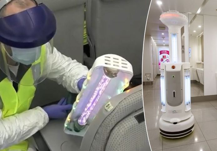 Draagbare UV-lampen van Boeing en een schoonmaakrobot op de luchthaven van Hongkong.