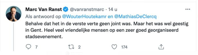 Marc Van Ranst reageert op Twitter nadat een gebruiker zich vrolijk uitlaat over de ‘joint’ van burgemeester De Clercq.