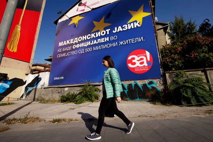 Een verkiezingsposter in Skopje vóór aansluiting bij de EU.