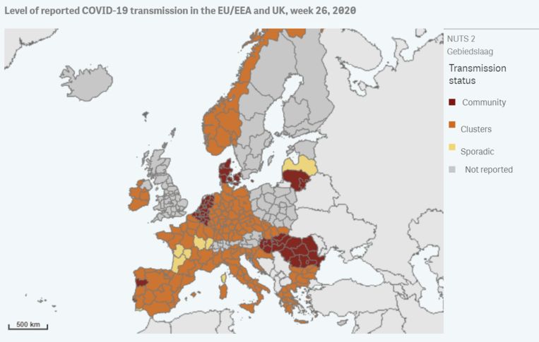Kaart van de ECDC over de situatie van het aantal coronabesmettingen in Europa Beeld ECDC