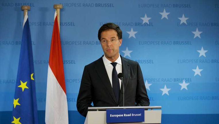 Minister-president Mark Rutte staat de pers te woord aan het einde van de Europese top. Beeld anp
