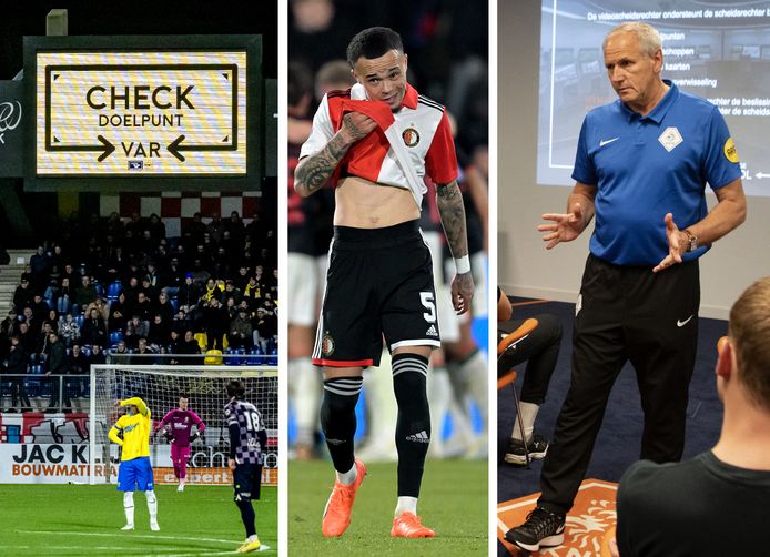 De VAR doet volgend seizoen vrijwel zeker al zijn intrede in de achtste finales van het KNVB-bekertoernooi. Rechts: Dick van Egmond. In het midden Quilindschy Hartman van Feyenoord, die tegen NEC ook ontsnapte aan rood door de afwezigheid van de VAR.
