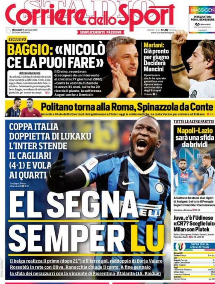 Ook de frontpagina én de site van Corriere dello Sport zetten Lukaku in de 'picture'.