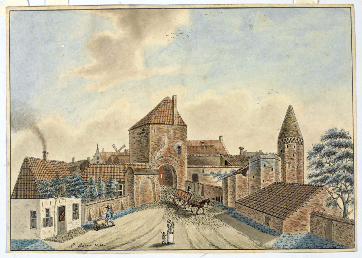 Gijsbert Baars, Gezicht op de Rijnpoort vanuit het zuidwesten, 1833, tekening, Stadsmuseum Rhenen,