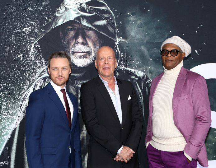 James McAvoy, Bruce Willis en Samuel L. Jackson op de première van ‘Glass’ in New York.