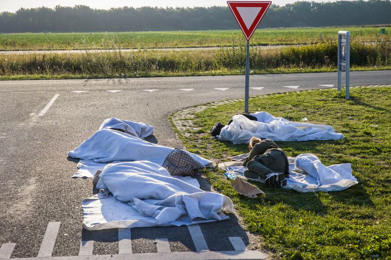 Mensen slapen in de buurt van het aanmeldcentrum in Ter Apel, in augustus vorig jaar. Beeld Arie Kievit