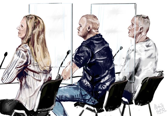 Rechtbanktekening van de drie (oorspronkelijke) verdachten.