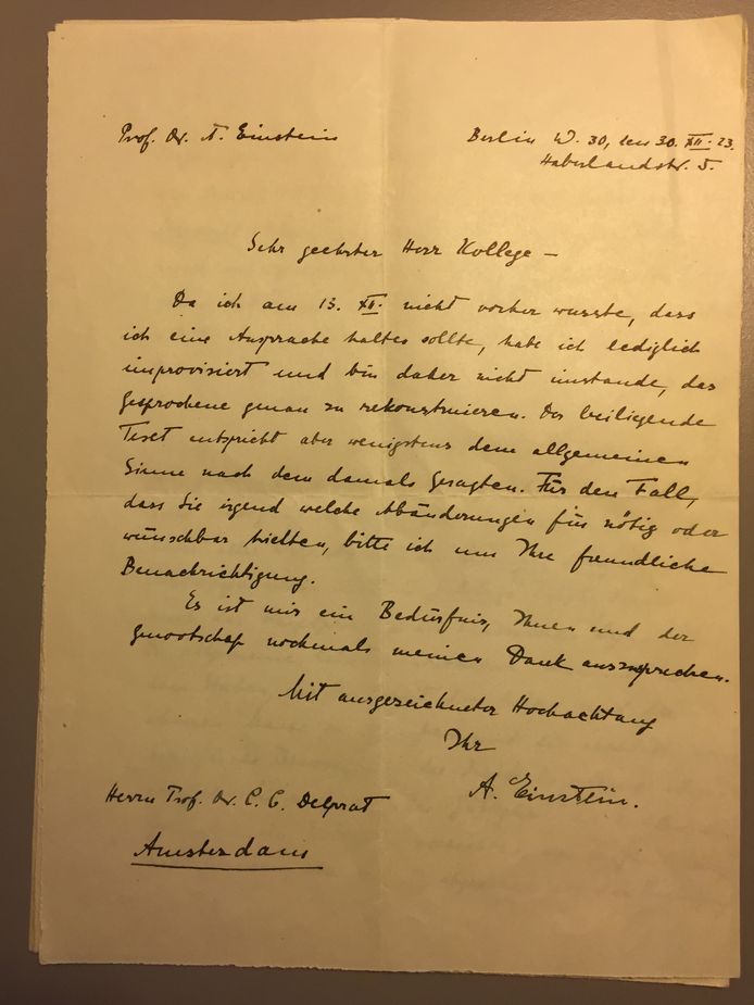 De handgeschreven brief met het dankwoord van Einstein.