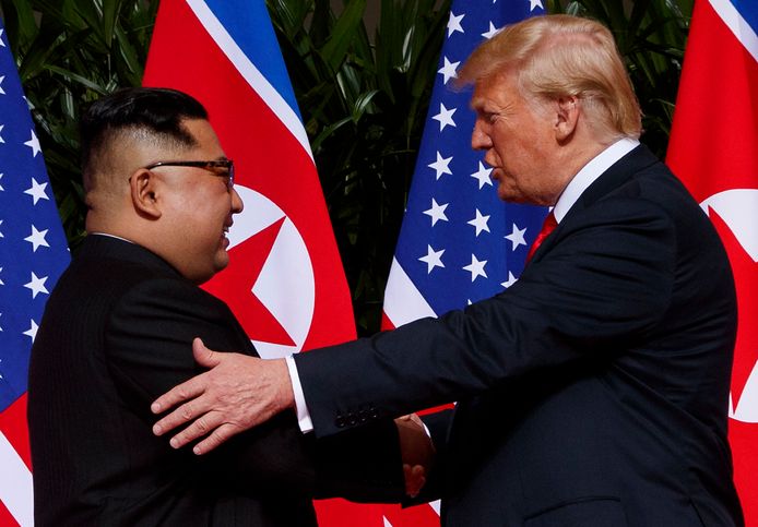 Kim Jong-un en president Trump tijdens hun ontmoeting  eerder deze maand in Singapore.