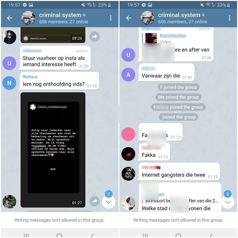 Screenshots van de chatgesprekken op Telegram Beeld JSL