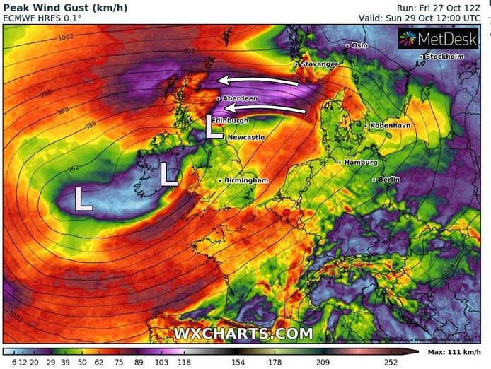 Tomorrow will be the strongest wind field in the North Sea.  A scenario similar to that of Storm Babbitt is developing.