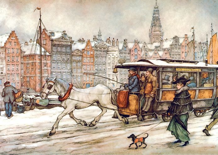 De paardentram in Amsterdam getekend door Anton Pieck