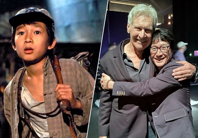Ke Huy Quan in 'Indiana Jones' (links) en de reünie met Harrison Ford (rechts).