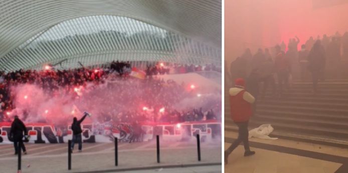 Standard-supporters in Luik-Guillemins en Brussel-Centraal.