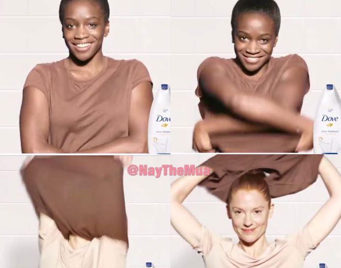 In een omstreden Dove-reclame trekt een zwarte vrouw haar shirt uit om in een witte vrouw te veranderen.