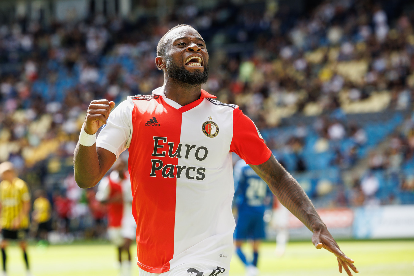  Lutsharel Geertruida, a Feyenoord player, celebrates a goal during the soccer match against Sparta Rotterdam.