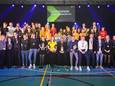 Alle kampioenen op het podium tijdens de Lelystadse Sportverkiezingen in sporthal De Koploper.