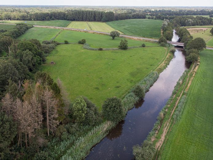 Regge wordt door waterschap in 2022 aangepakt, zodat ie weer gaat slingeren, Meanderen. Op de foto de Regge tot aan waar rivier kruist met N347.