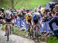 Tadej Pogacar (links), Mathieu van der Poel en in zijn wiel Wout van Aert tijdens de E3-Harelbeke.