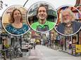Drie van de zes ondernemers die na jaren stoppen met hun winkel aan de Assendorperstraat in Zwolle: Elise Miellet van Joeppie, slager Herman Haverkort en Joost Goedhart van de boekwinkel (vlnr).