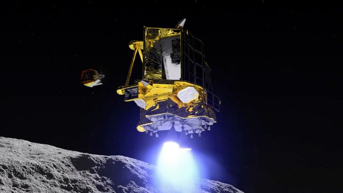 Impressiebeeld van SLIM tijdens de landing op de maan.