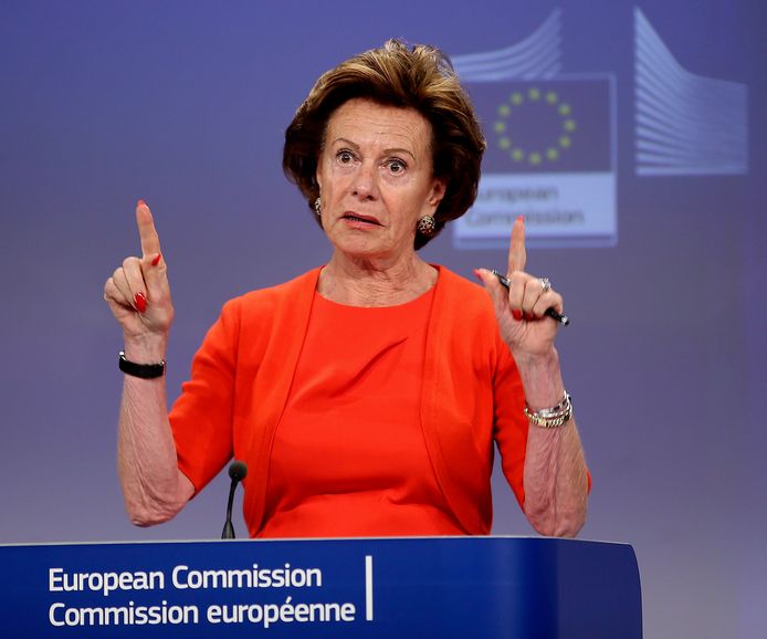 De voormalige Europese Commissaris voor Digitale Agenda tijdens een persconferentie in 2014.