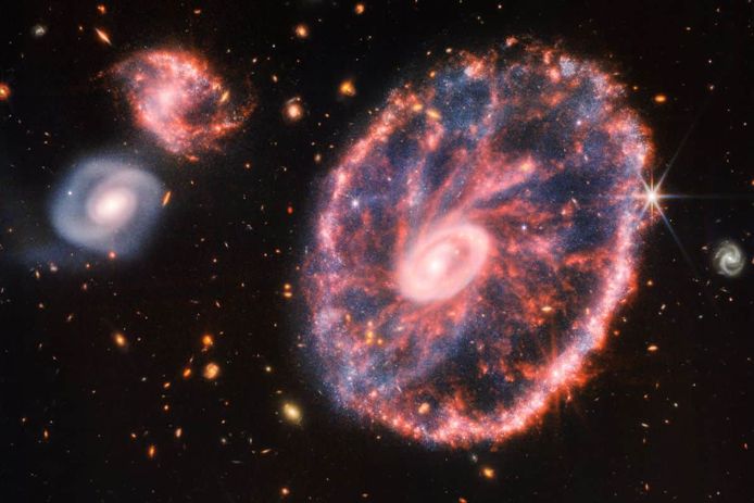 An image of the Cartwheel galaxy taken by the James Webb Space Telescope.